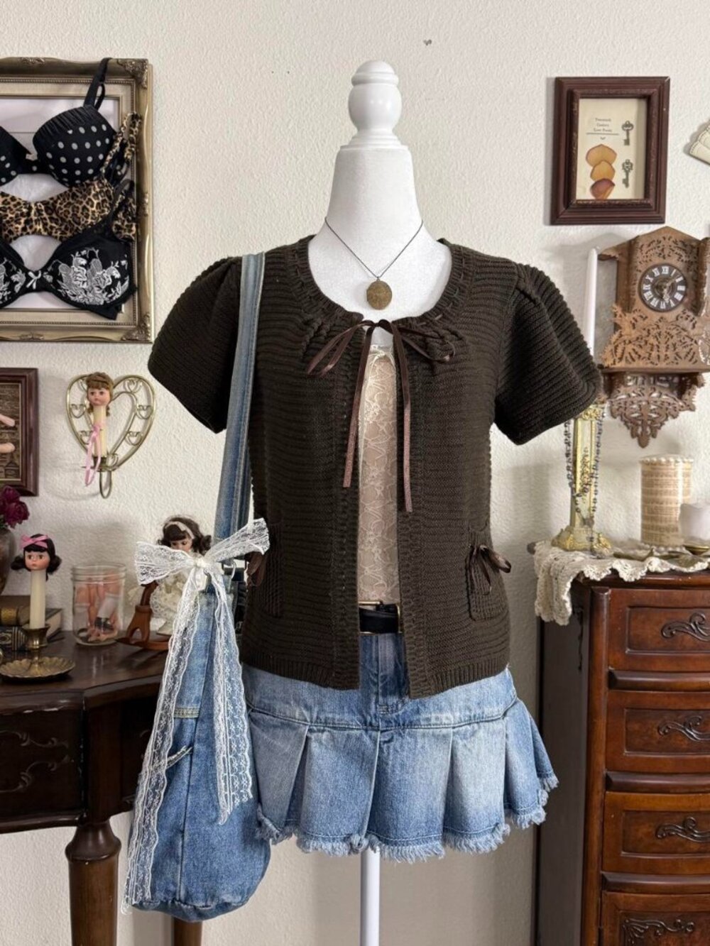 Dainty coquette fairy grunge brown short sleeve cardigan w bows and pockets